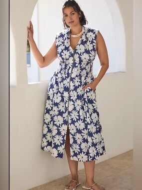 Anthropologie The Tommie Zip-Front Midi Dress Medium Navy Floral NWT